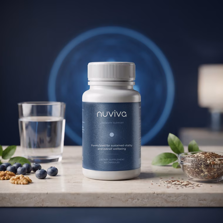 Flacon Nuviva éclairé par un halo bleu, entouré de graines, de noix et de myrtilles